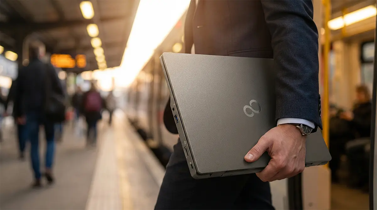 Fujitsu LIFEBOOK U7412 в руке на перроне