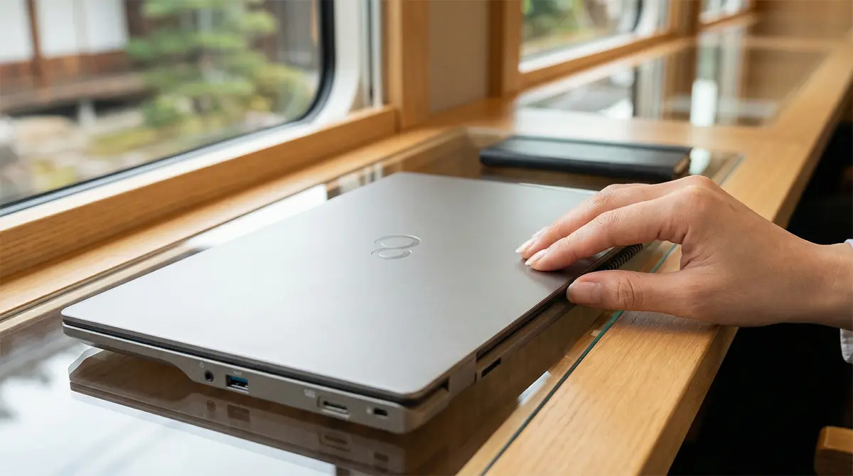 Закрытый LIFEBOOK U7412 на столике у окна поезда